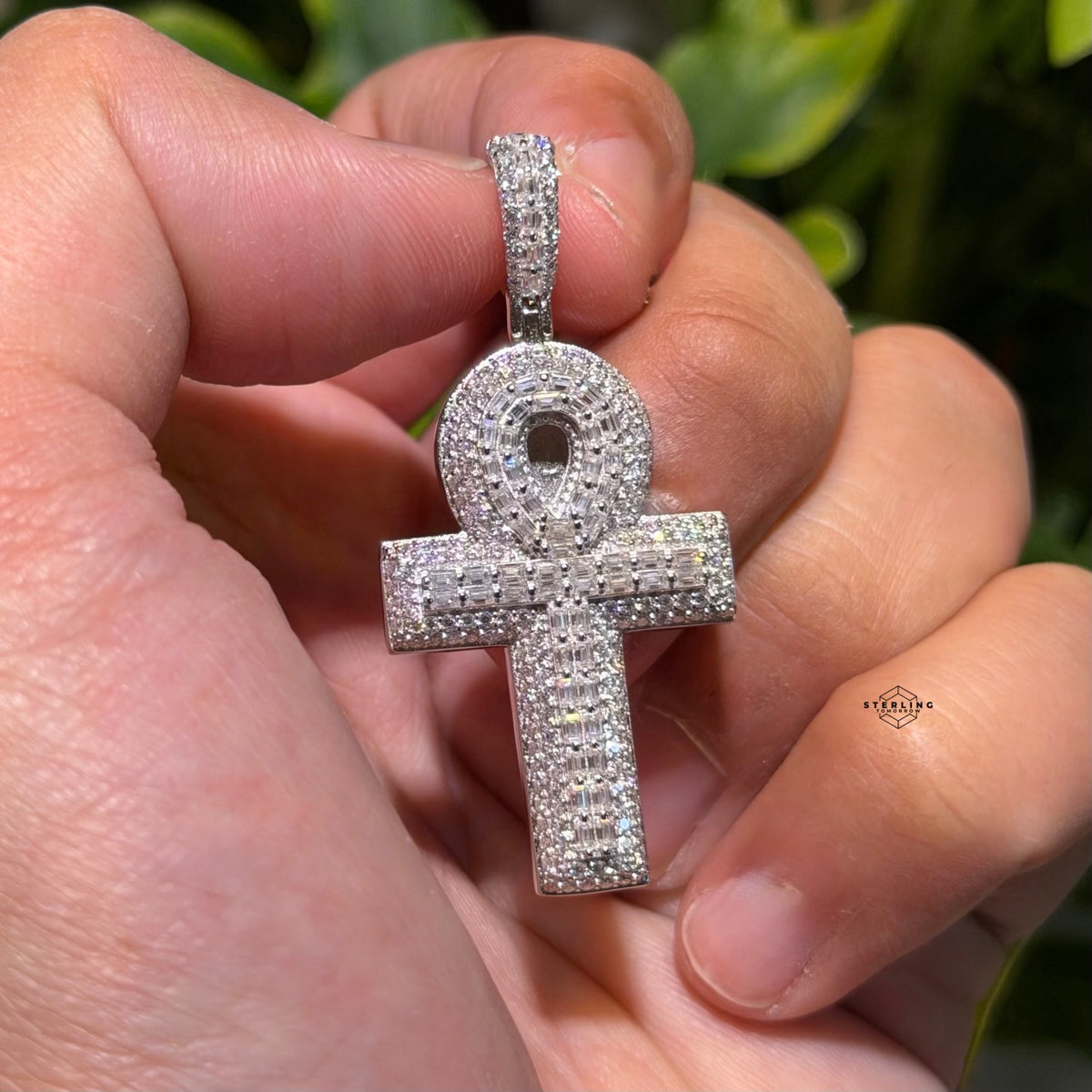Moissanite Baguette Ankh Pendant 925 Sterling Silver Iced Out Egyptian Cross w/ Rope Chain