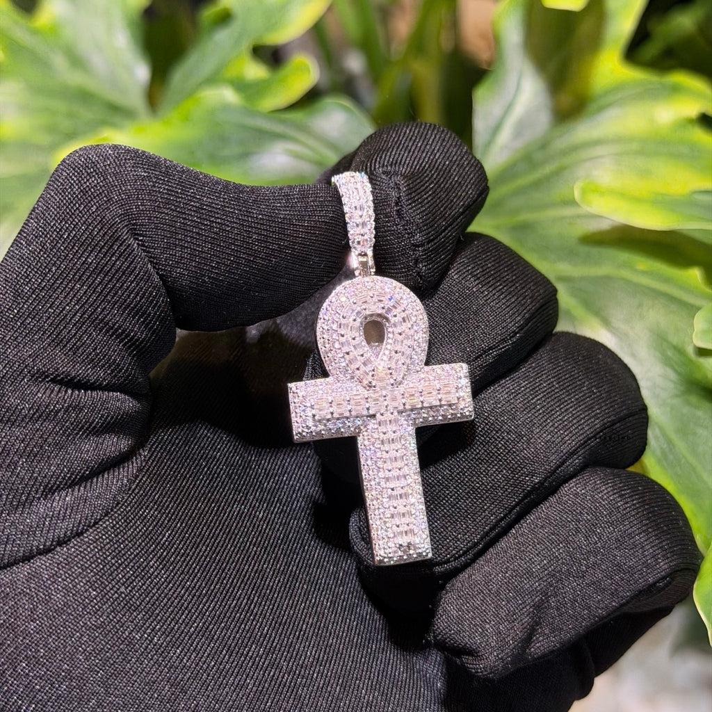 Moissanite Baguette Ankh Pendant 925 Sterling Silver Iced Out Egyptian Cross w/ Rope Chain