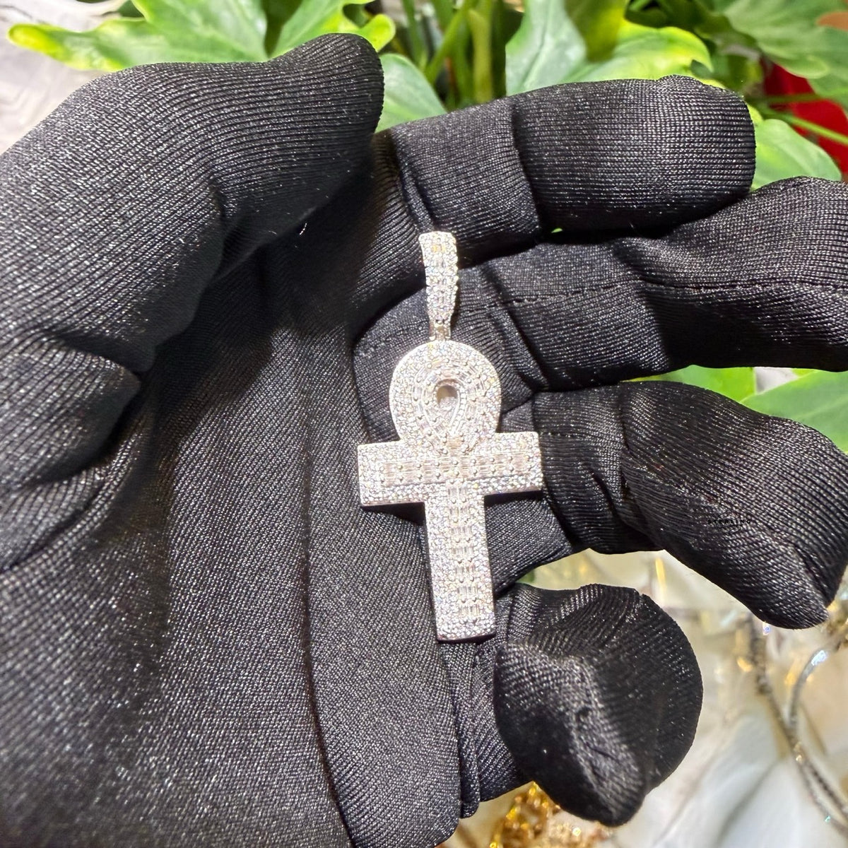Moissanite Baguette Ankh Pendant 925 Sterling Silver Iced Out Egyptian Cross w/ Rope Chain