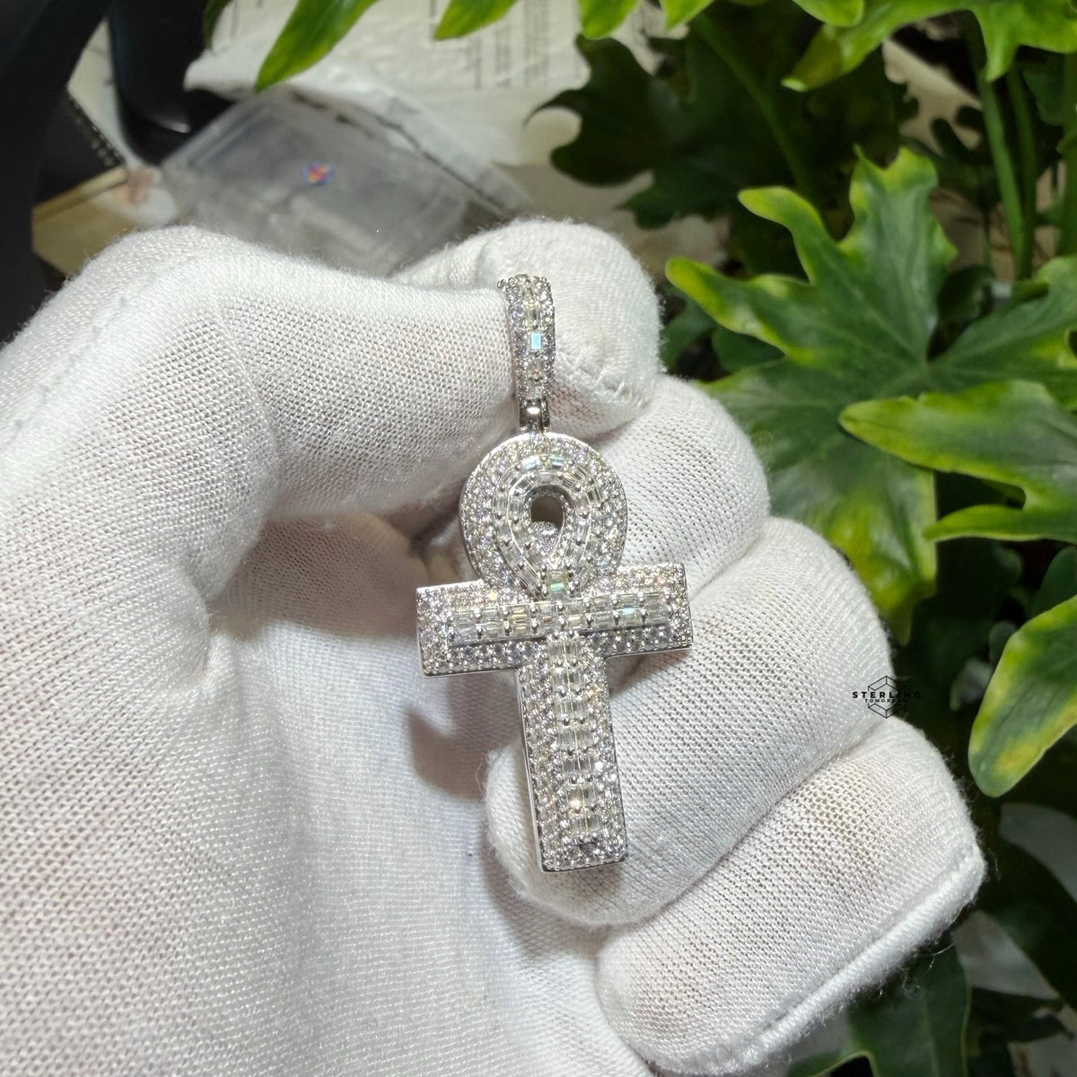 Moissanite Baguette Ankh Pendant 925 Sterling Silver Iced Out Egyptian Cross w/ Rope Chain