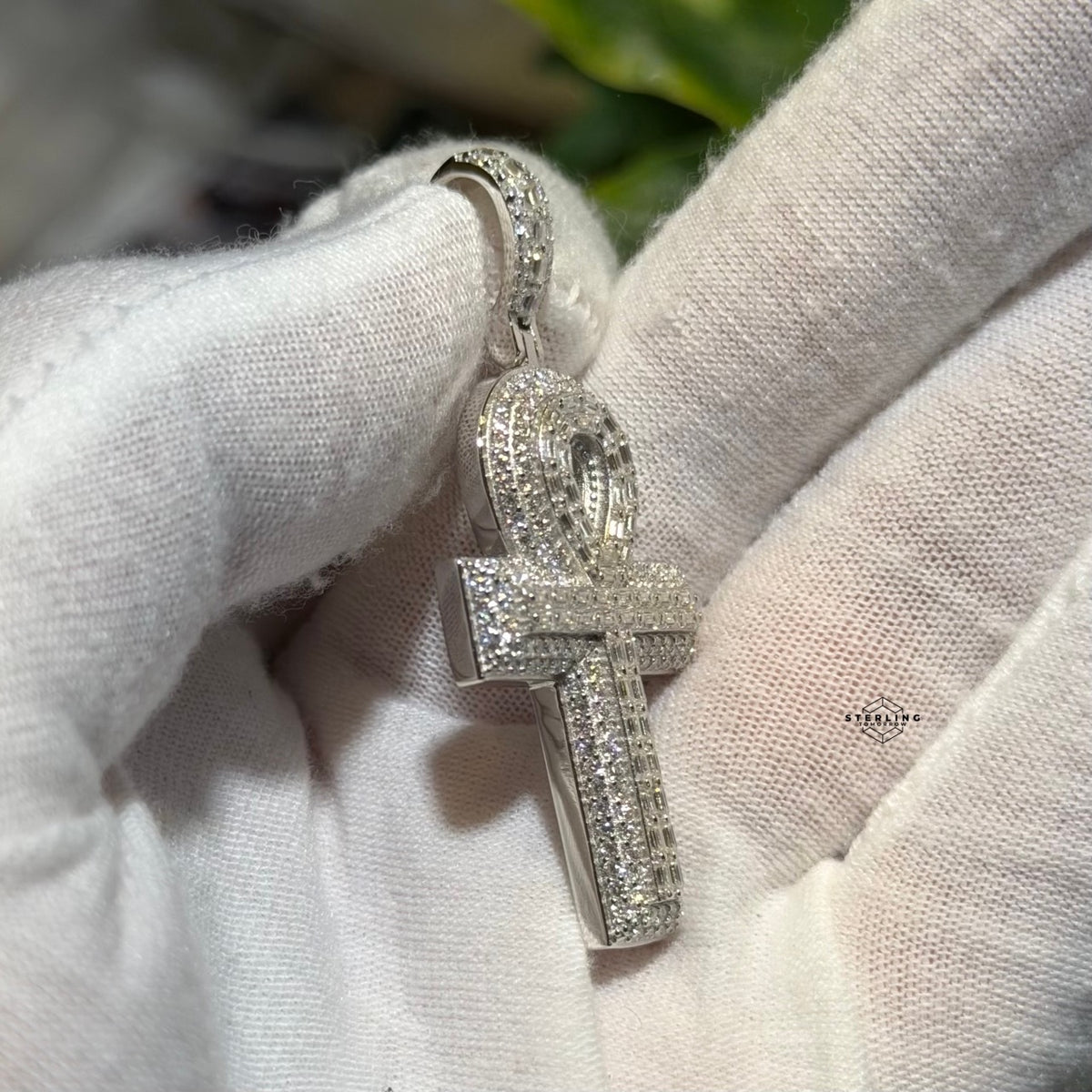 Moissanite Baguette Ankh Pendant 925 Sterling Silver Iced Out Egyptian Cross w/ Rope Chain