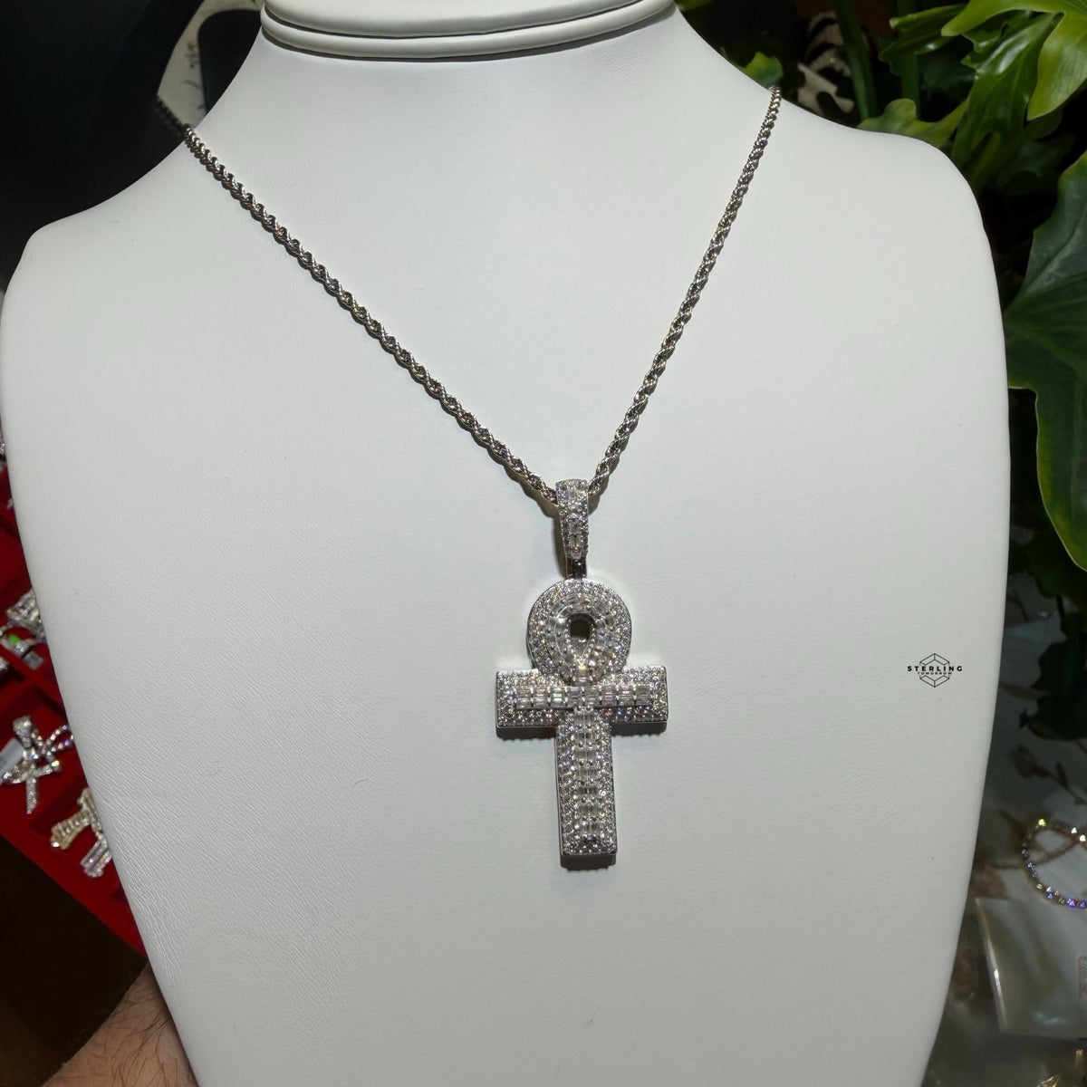 Moissanite Baguette Ankh Pendant 925 Sterling Silver Iced Out Egyptian Cross w/ Rope Chain