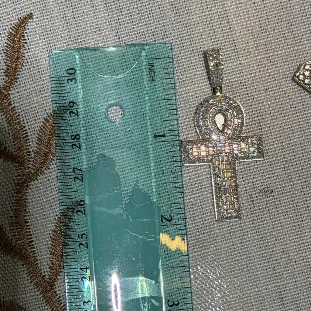 Moissanite Baguette Ankh Pendant 925 Sterling Silver Iced Out Egyptian Cross w/ Rope Chain