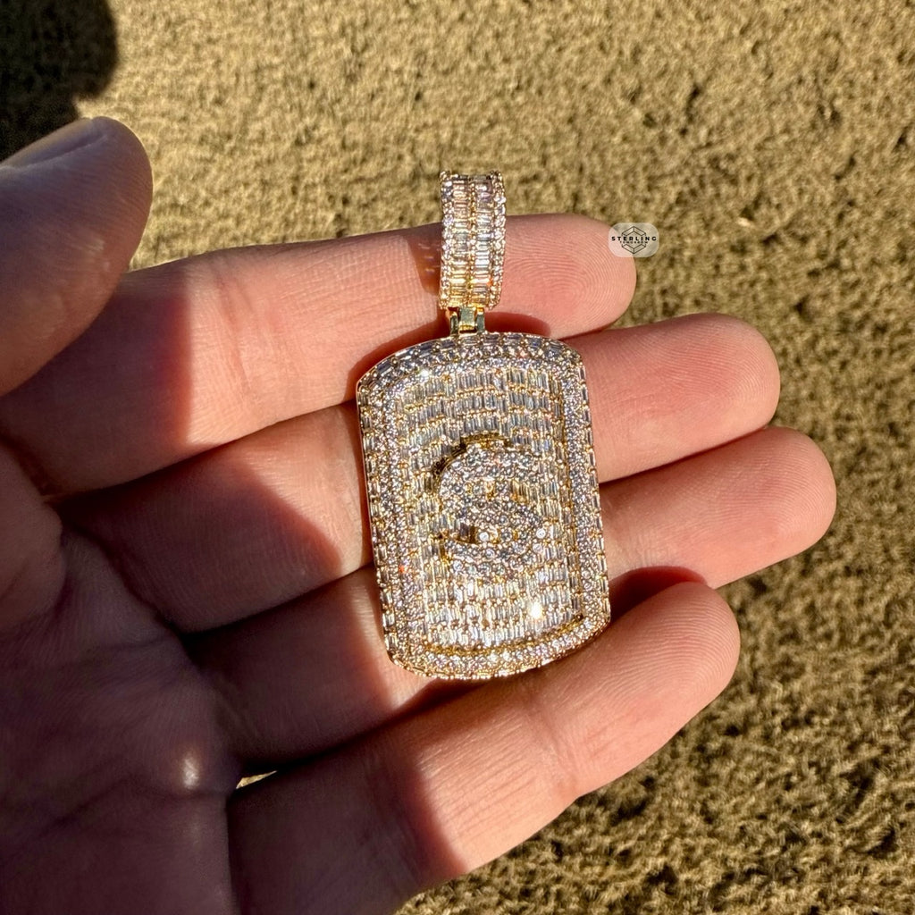 Iced Out Gold Tone Dollar Sign Dog Tag Pendant