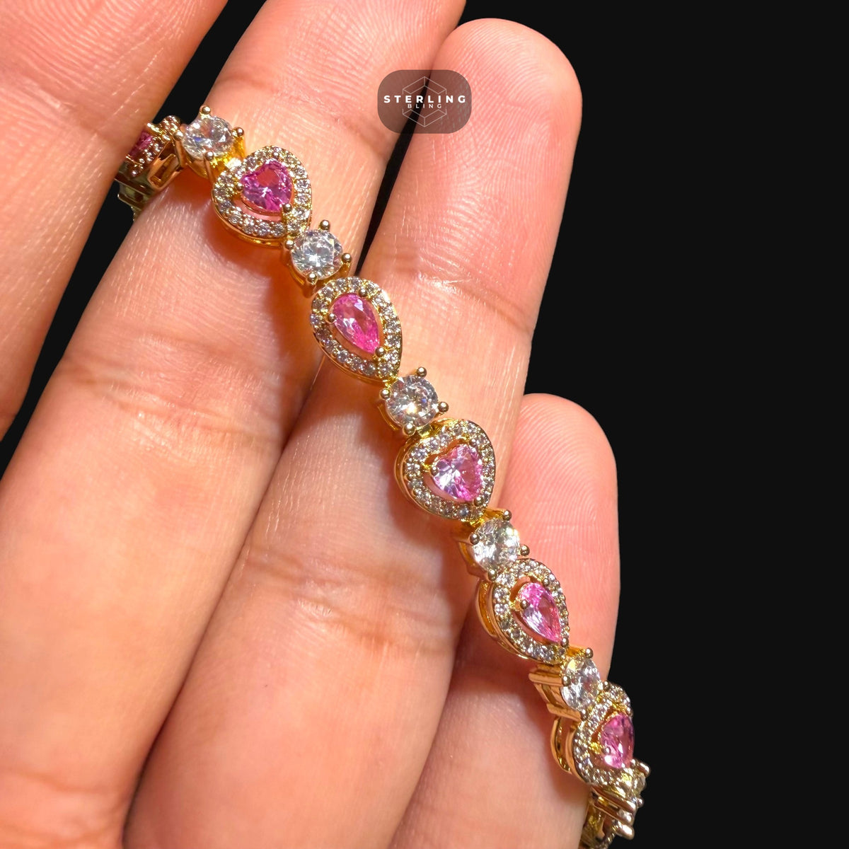 Pink Heart Teardrop Bracelet, 14K Gold Plated CZ Tennis Bracelet, 7mm Iced Out Gift for Her