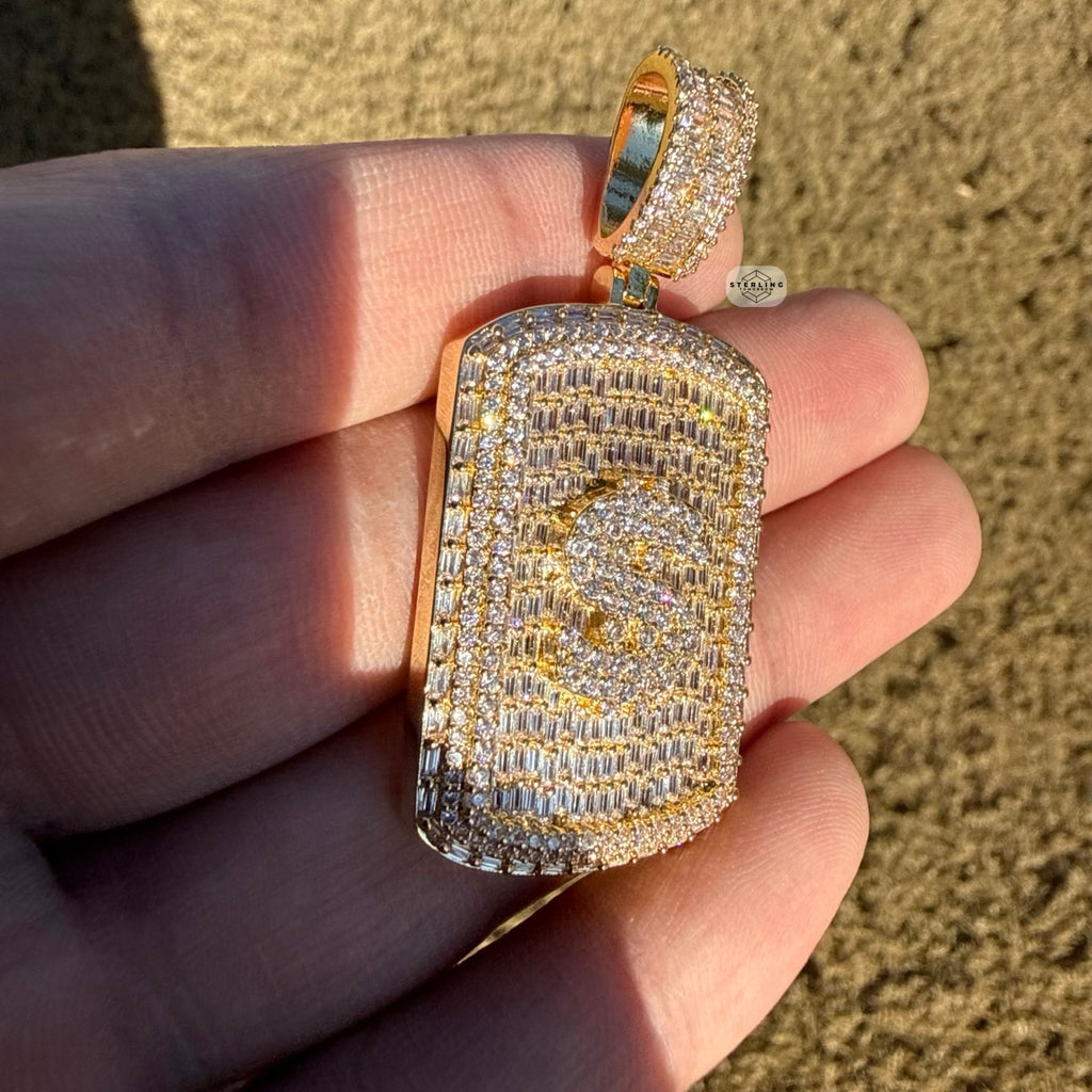 Iced Out Gold Tone Dollar Sign Dog Tag Pendant
