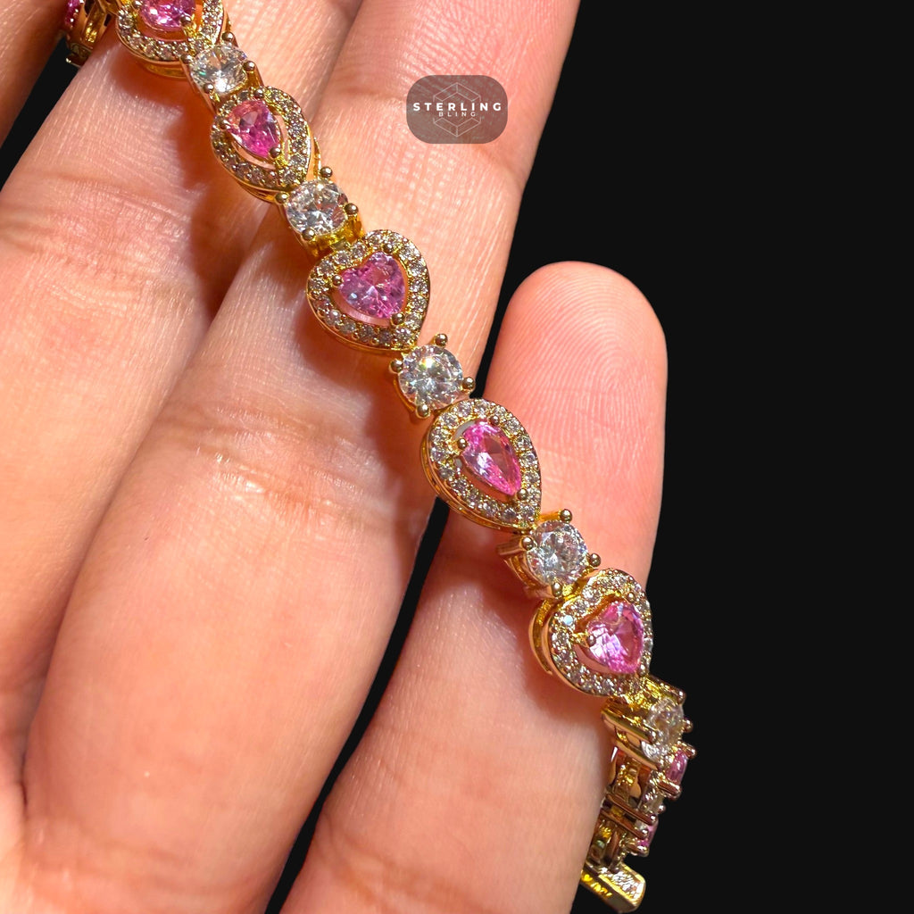 Pink Heart Teardrop Bracelet, 14K Gold Plated CZ Tennis Bracelet, 7mm Iced Out Gift for Her