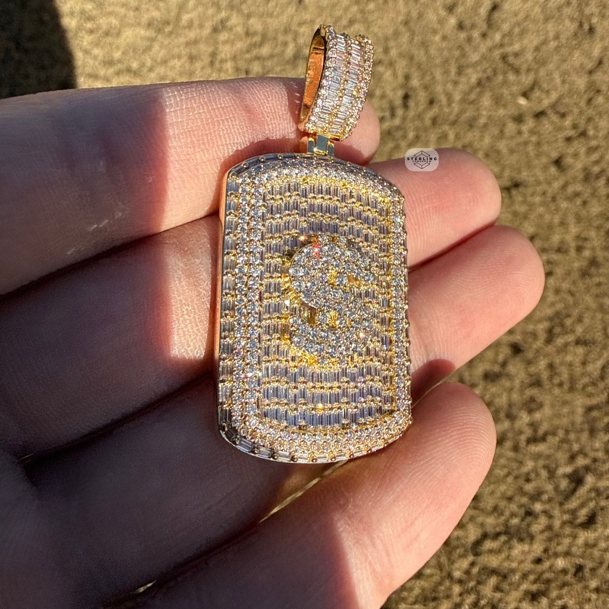 Iced Out Gold Tone Dollar Sign Dog Tag Pendant
