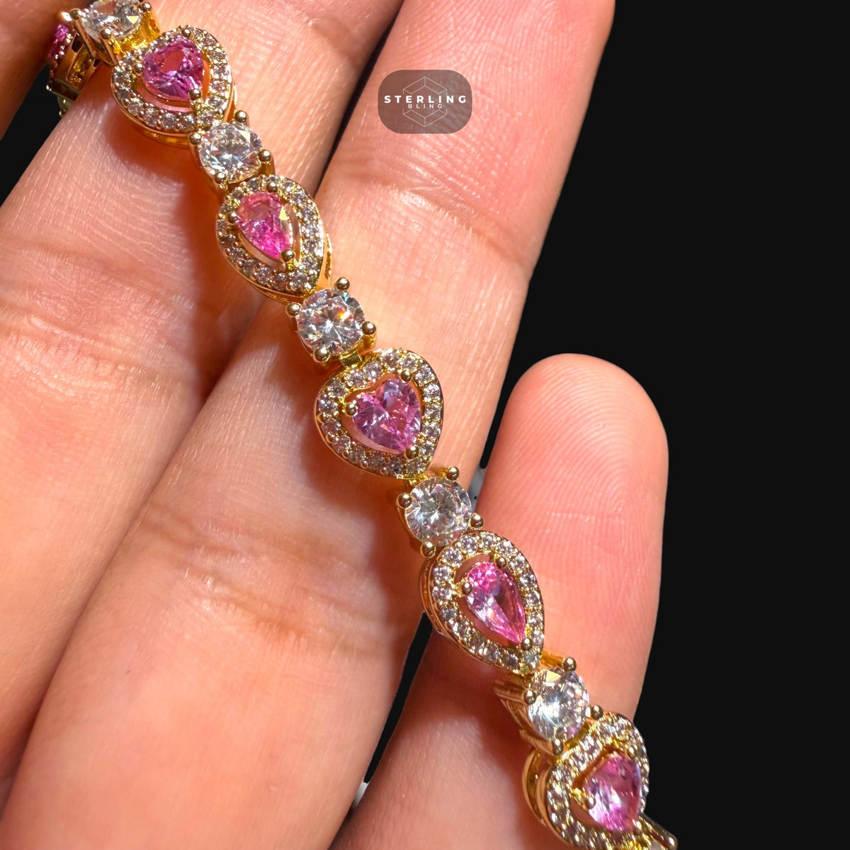 Pink Heart Teardrop Bracelet, 14K Gold Plated CZ Tennis Bracelet, 7mm Iced Out Gift for Her