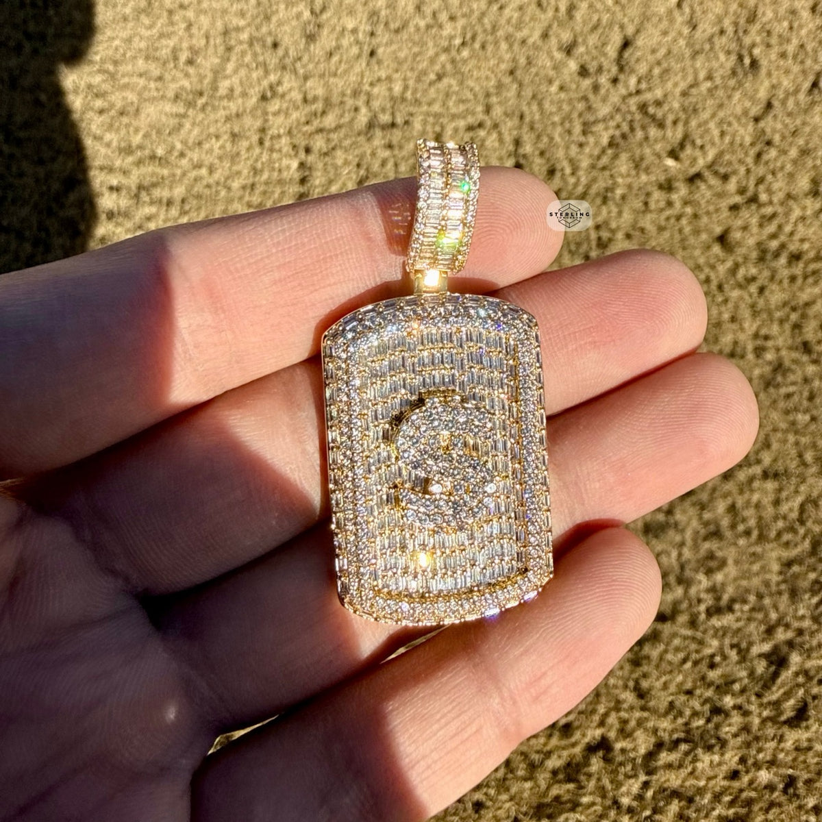Iced Out Gold Tone Dollar Sign Dog Tag Pendant