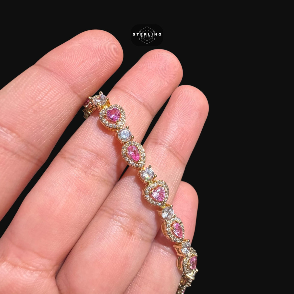 Pink Heart Teardrop Bracelet, 14K Gold Plated CZ Tennis Bracelet, 7mm Iced Out Gift for Her