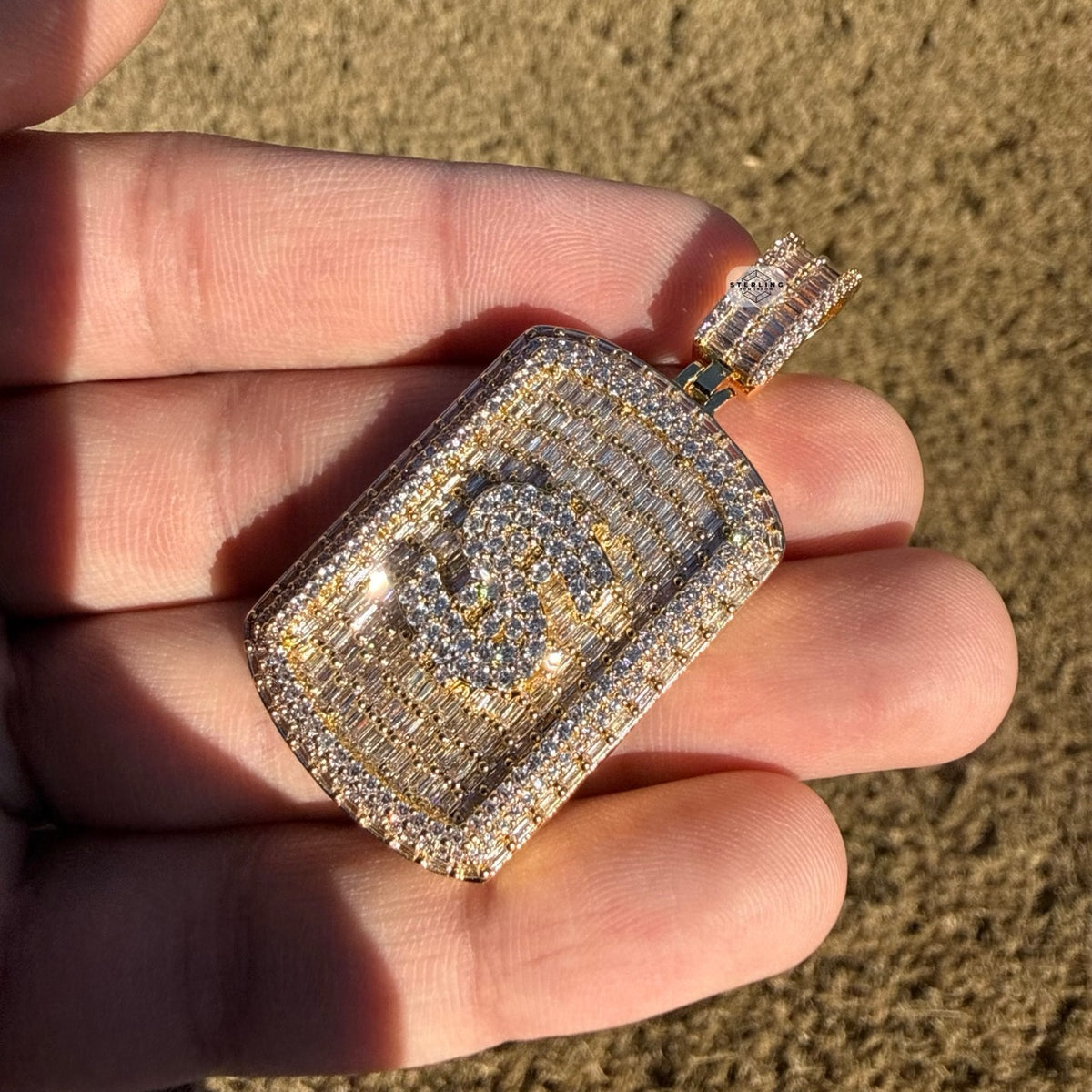 Iced Out Gold Tone Dollar Sign Dog Tag Pendant