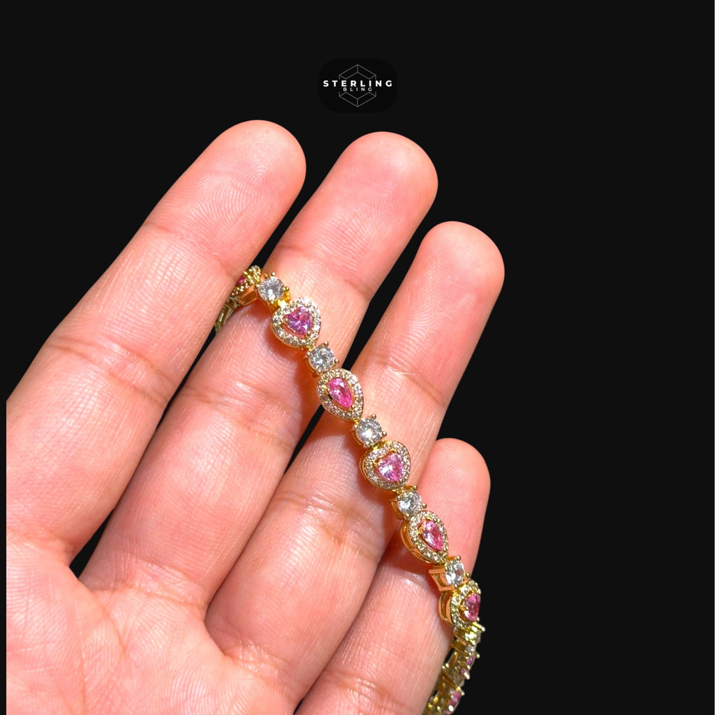 Pink Heart Teardrop Bracelet, 14K Gold Plated CZ Tennis Bracelet, 7mm Iced Out Gift for Her