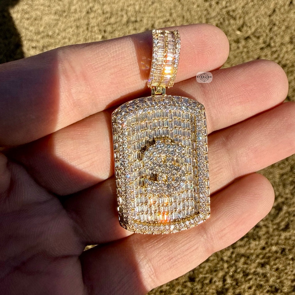 Iced Out Gold Tone Dollar Sign Dog Tag Pendant