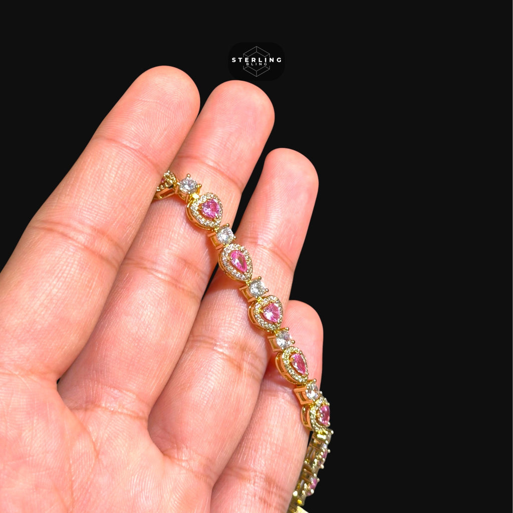 Pink Heart Teardrop Bracelet, 14K Gold Plated CZ Tennis Bracelet, 7mm Iced Out Gift for Her