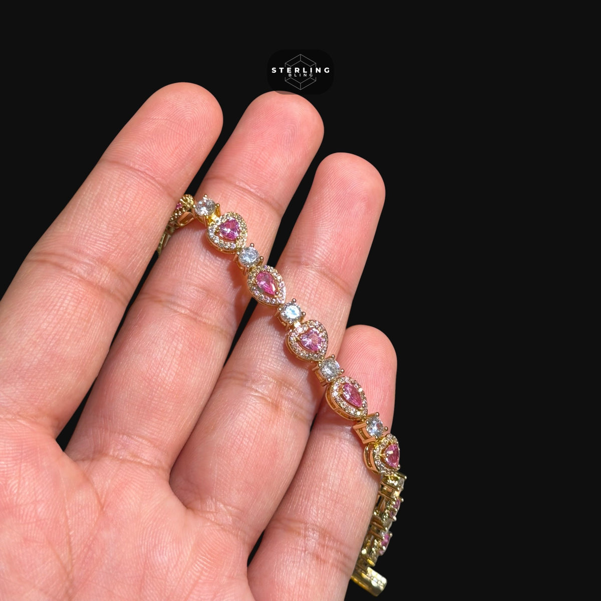 Pink Heart Teardrop Bracelet, 14K Gold Plated CZ Tennis Bracelet, 7mm Iced Out Gift for Her