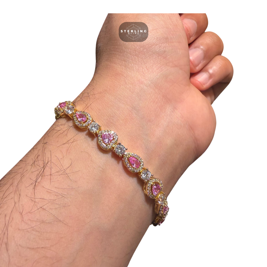 Pink Heart Teardrop Bracelet, 14K Gold Plated CZ Tennis Bracelet, 7mm Iced Out Gift for Her