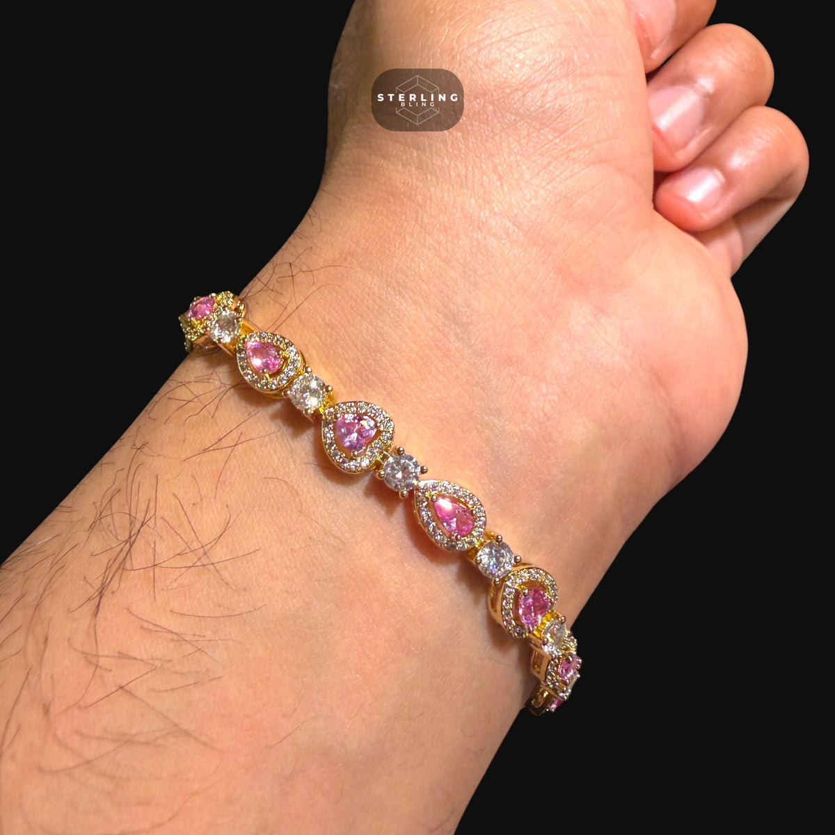 Pink Heart Teardrop Bracelet, 14K Gold Plated CZ Tennis Bracelet, 7mm Iced Out Gift for Her