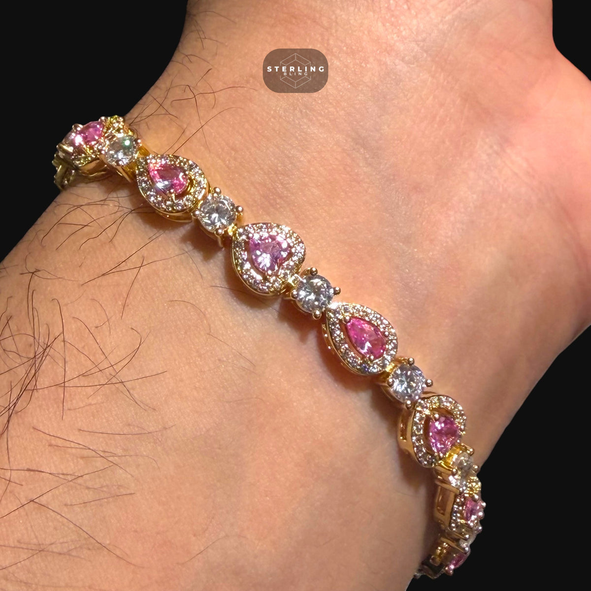 Pink Heart Teardrop Bracelet, 14K Gold Plated CZ Tennis Bracelet, 7mm Iced Out Gift for Her