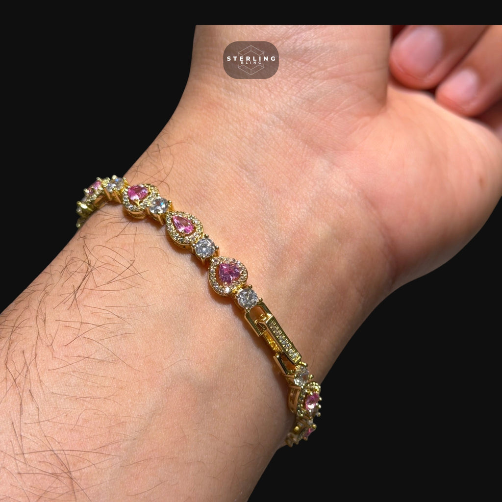 Pink Heart Teardrop Bracelet, 14K Gold Plated CZ Tennis Bracelet, 7mm Iced Out Gift for Her