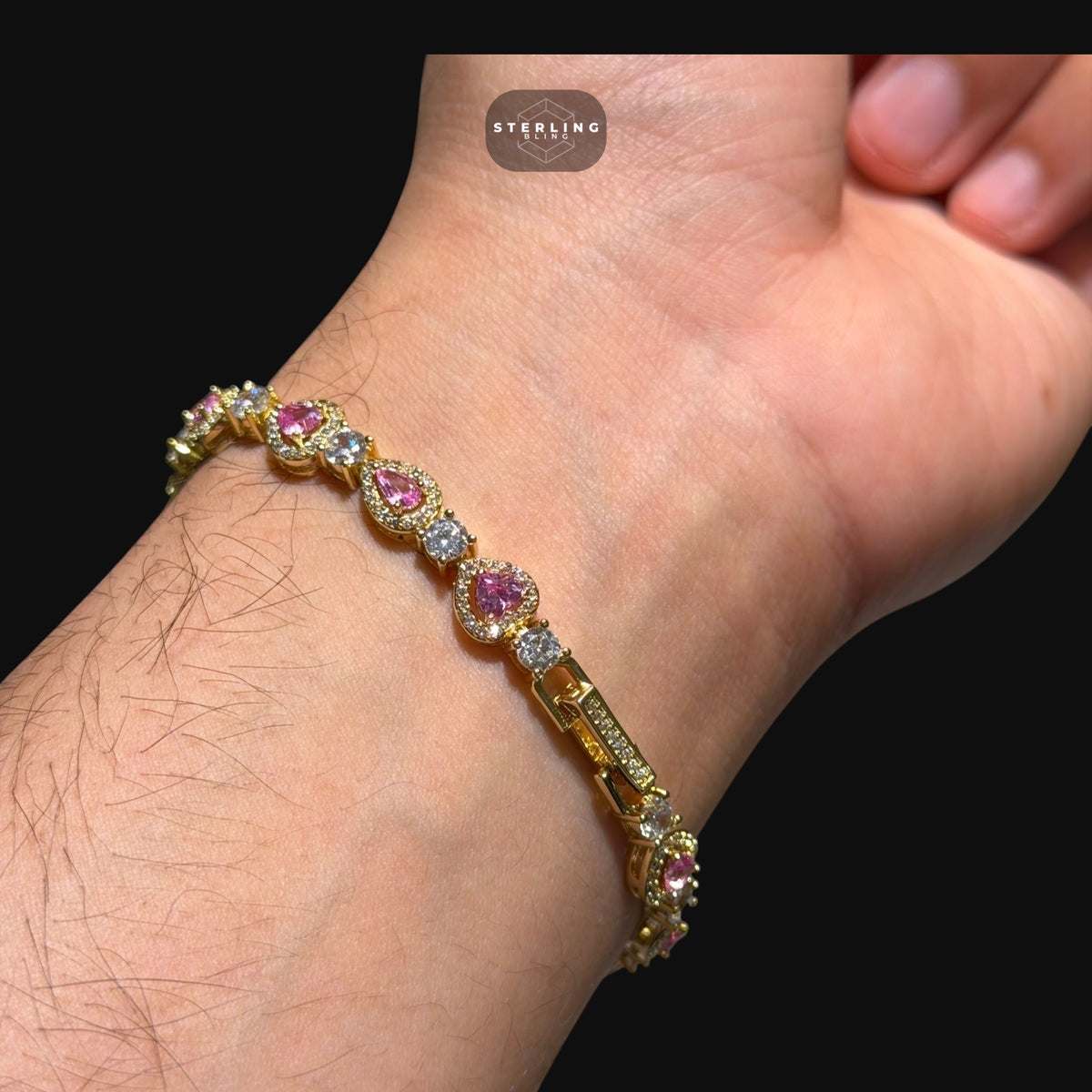 Pink Heart Teardrop Bracelet, 14K Gold Plated CZ Tennis Bracelet, 7mm Iced Out Gift for Her