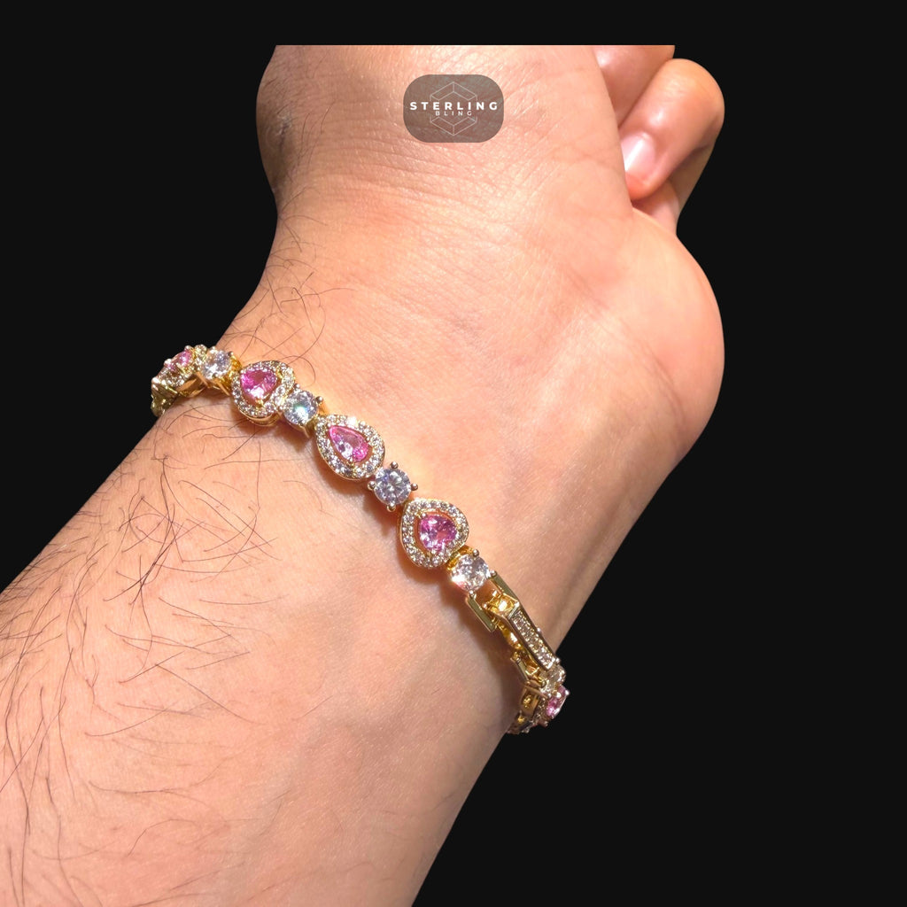 Pink Heart Teardrop Bracelet, 14K Gold Plated CZ Tennis Bracelet, 7mm Iced Out Gift for Her