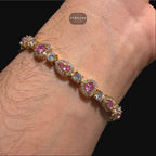 Pink Heart Teardrop Bracelet, 14K Gold Plated CZ Tennis Bracelet, 7mm Iced Out Gift for Her
