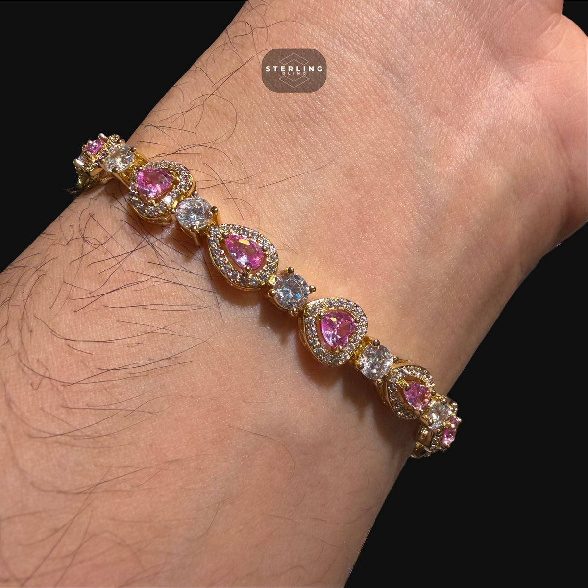 Pink Heart Teardrop Bracelet, 14K Gold Plated CZ Tennis Bracelet, 7mm Iced Out Gift for Her