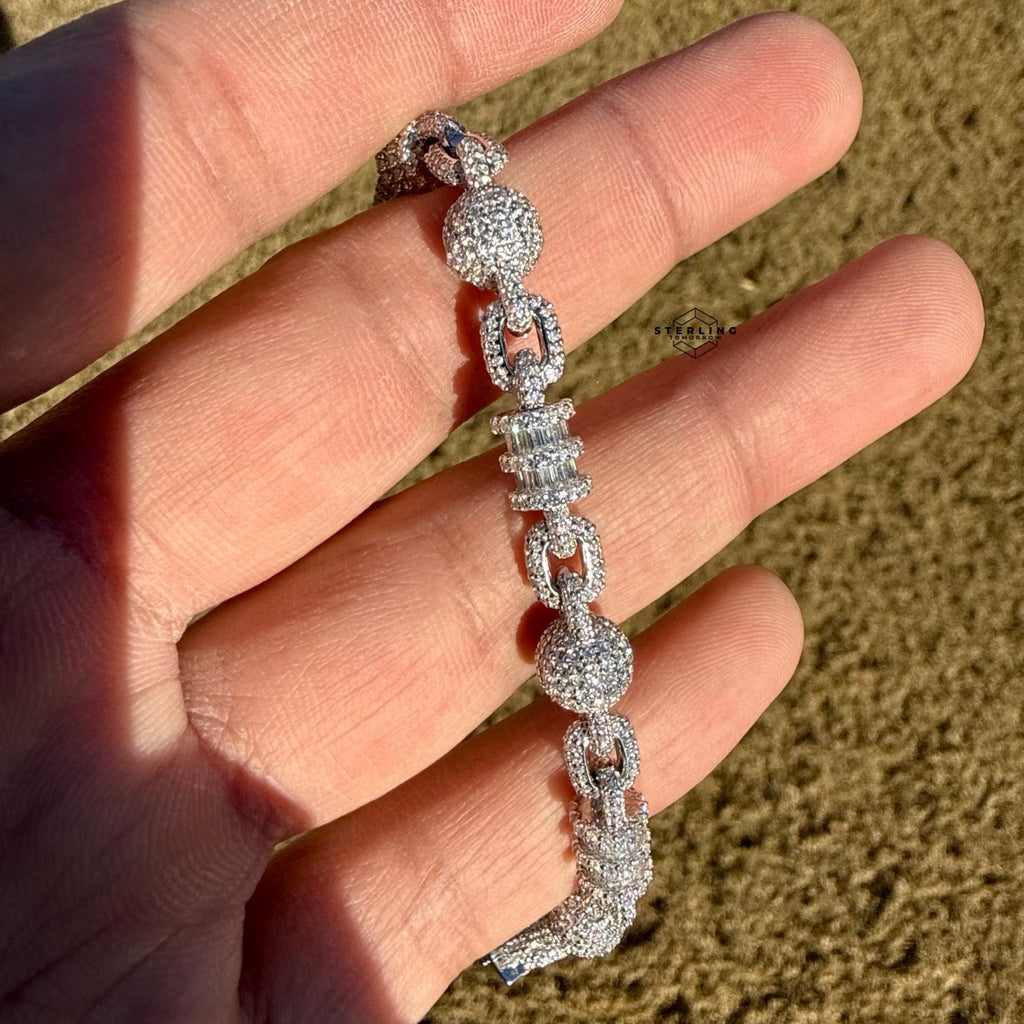 Men’s 925 Sterling Silver Iced Out Snowball CZ Bracelet 8mm 8 Inch, Moon Cut Baguette Link Hip Hop Jewelry Gift