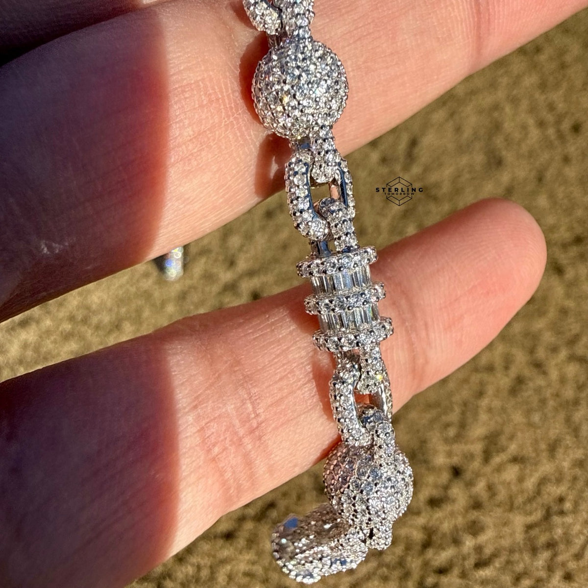 Men’s 925 Sterling Silver Iced Out Snowball CZ Bracelet 8mm 8 Inch, Moon Cut Baguette Link Hip Hop Jewelry Gift