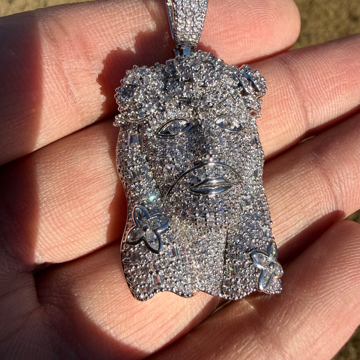 14K White Gold Finish Jesus Flower Pendant + Steel Rope Chain