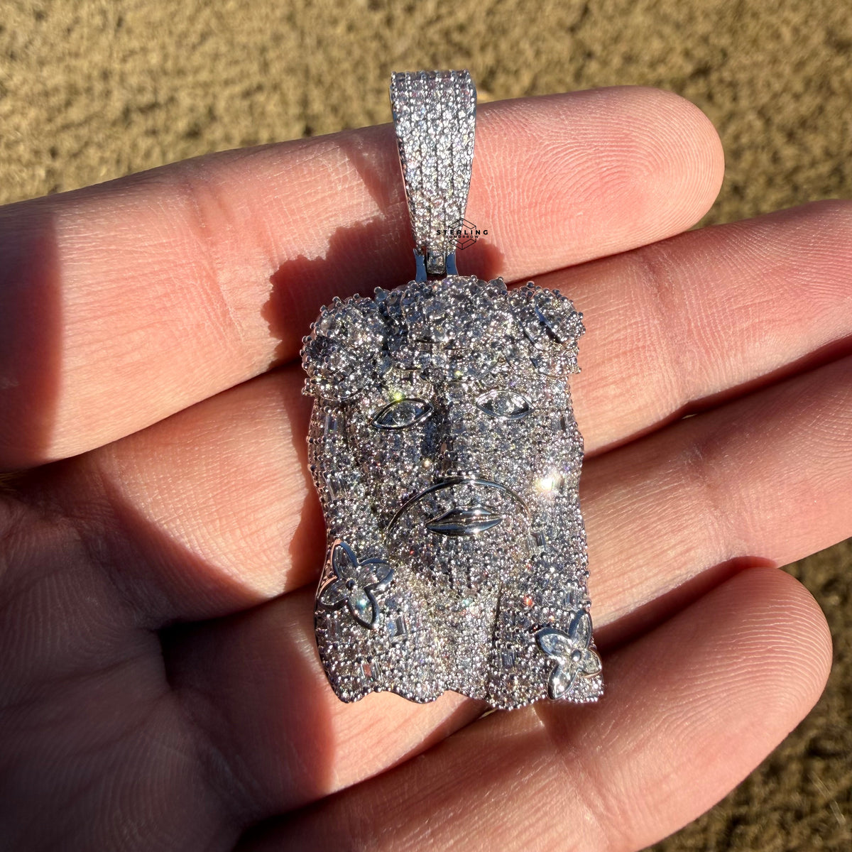 14K White Gold Finish Jesus Flower Pendant + Steel Rope Chain