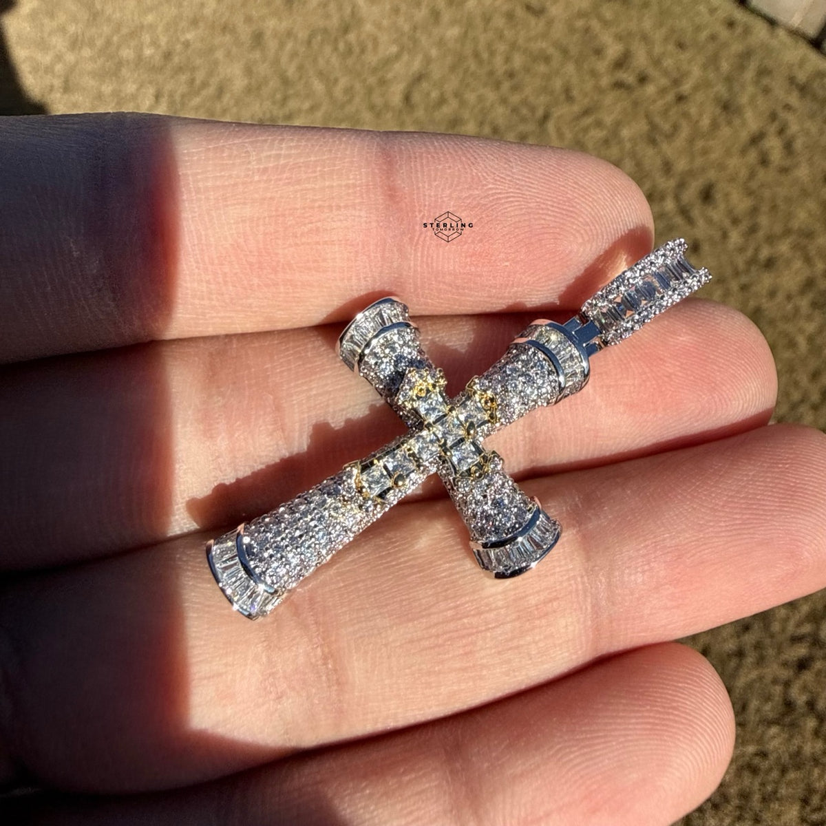 Moissanite Gothic Dual Cross Pendant - Yellow Two Tone