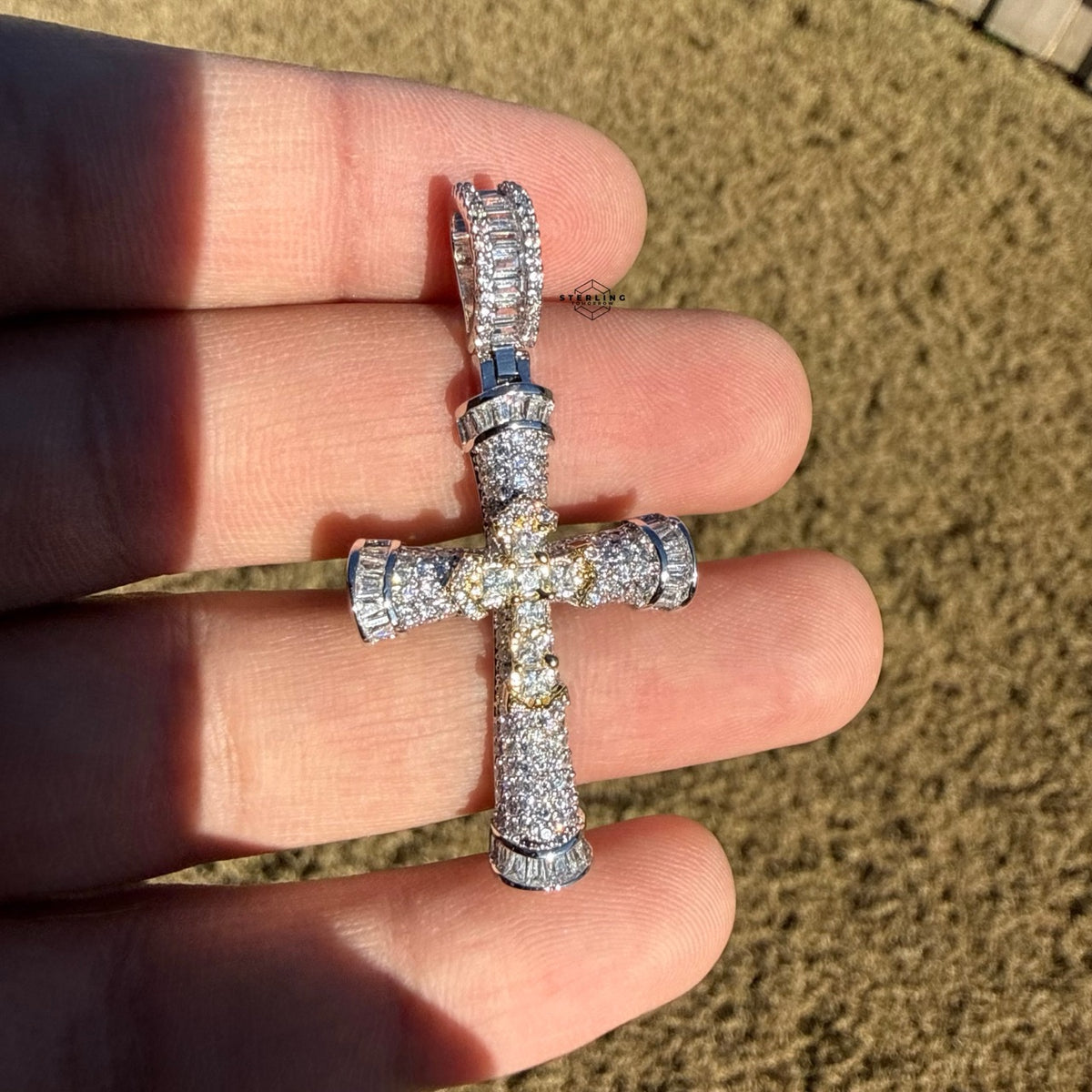 14k Gold Plated Iced Two Tone Gothic Cross Pendant