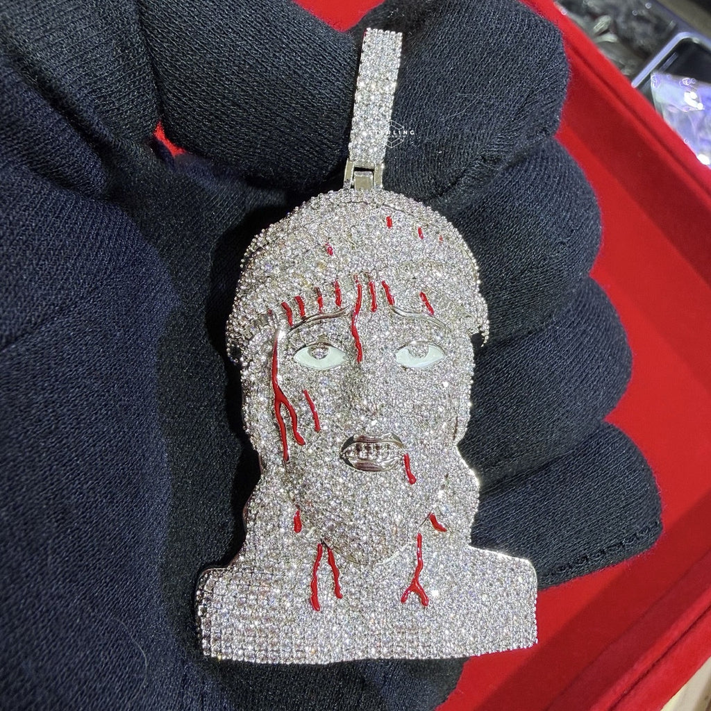 Jesus Pendant Iced Out with Blood Detail Silver Tone