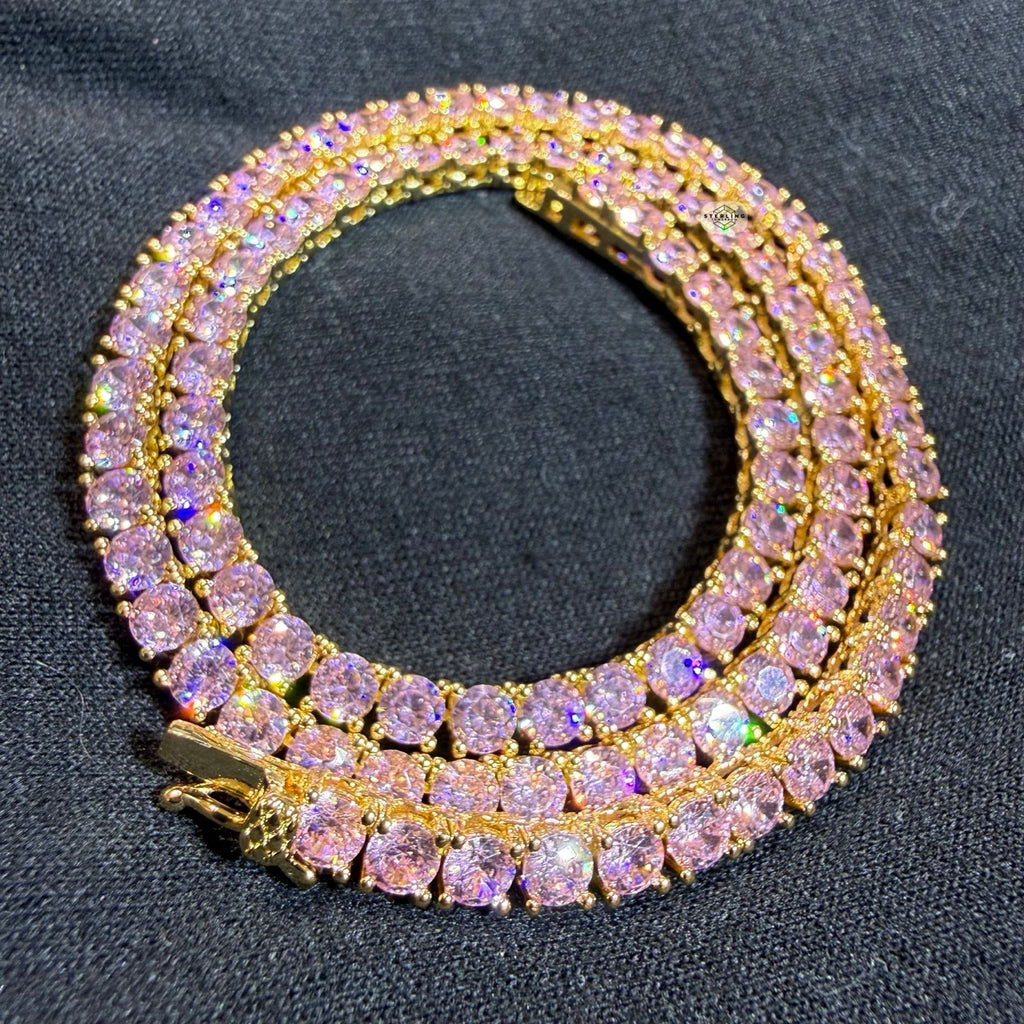 4mm Pink Iced Tennis Chain, 14K Rose Gold Finish