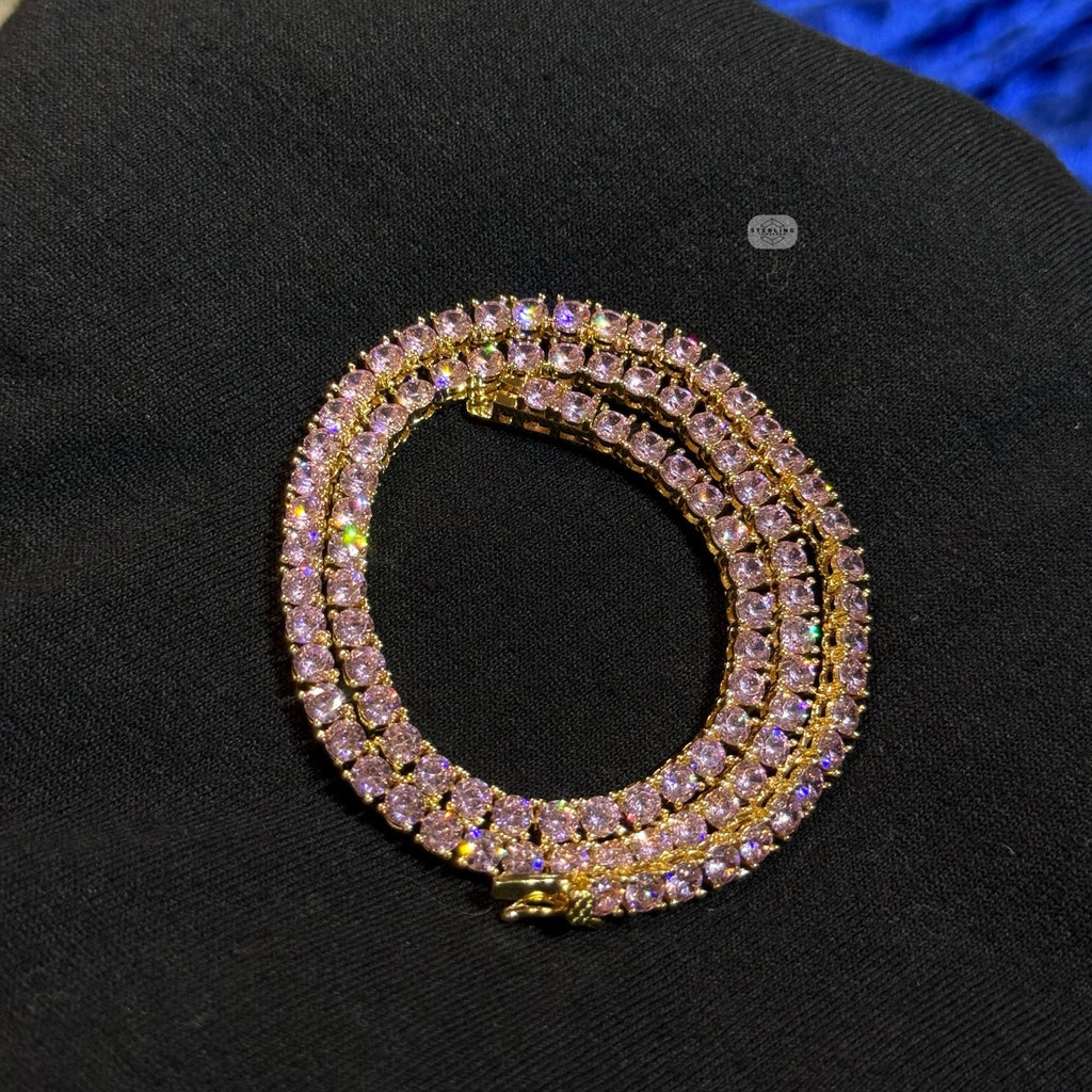 4mm Pink Iced Tennis Chain, 14K Rose Gold Finish