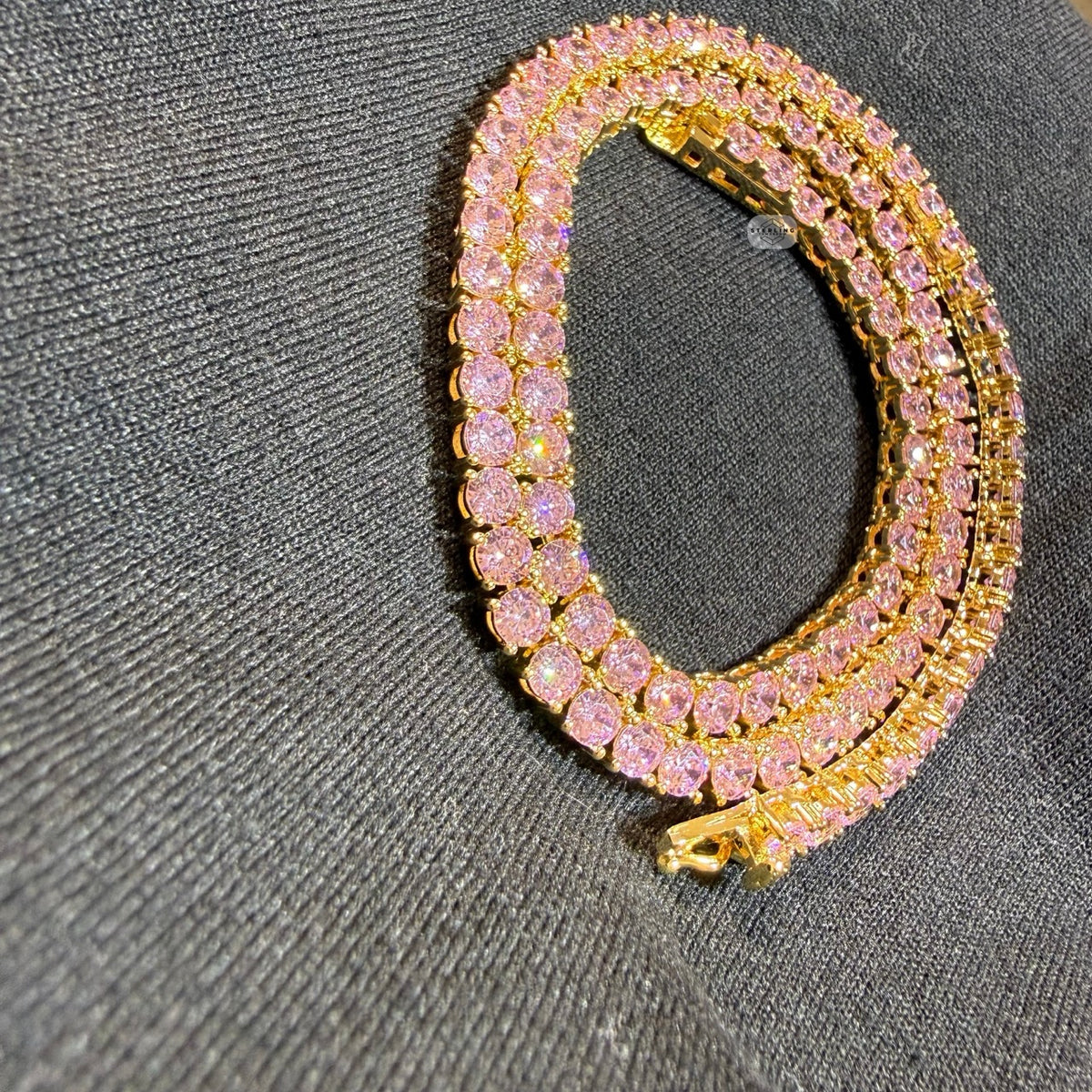 4mm Pink Iced Tennis Chain, 14K Rose Gold Finish