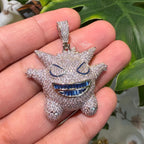 Iced Out Spiky Monster Pendant | 14K White Gold Plated Cartoon Monster Necklace, CZ Hip Hop Pendant with Free Rope Chain