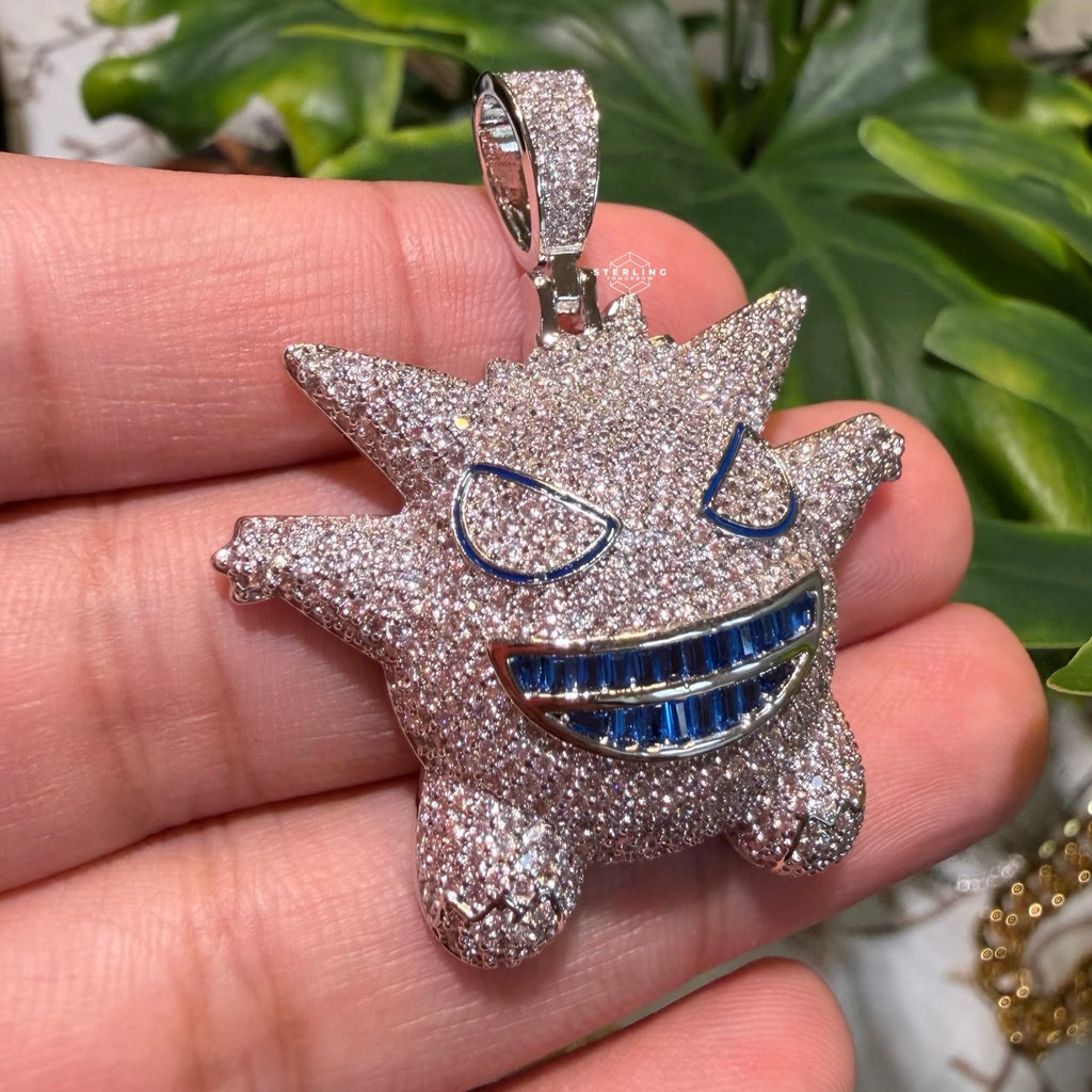 Iced Out Spiky Monster Pendant | 14K White Gold Plated Cartoon Monster Necklace, CZ Hip Hop Pendant with Free Rope Chain
