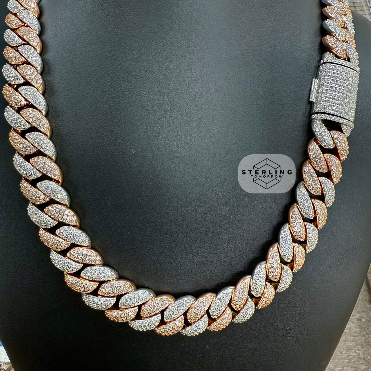 Moissanite Rose Two Tone 15mm Miami Cuban Chain 22"