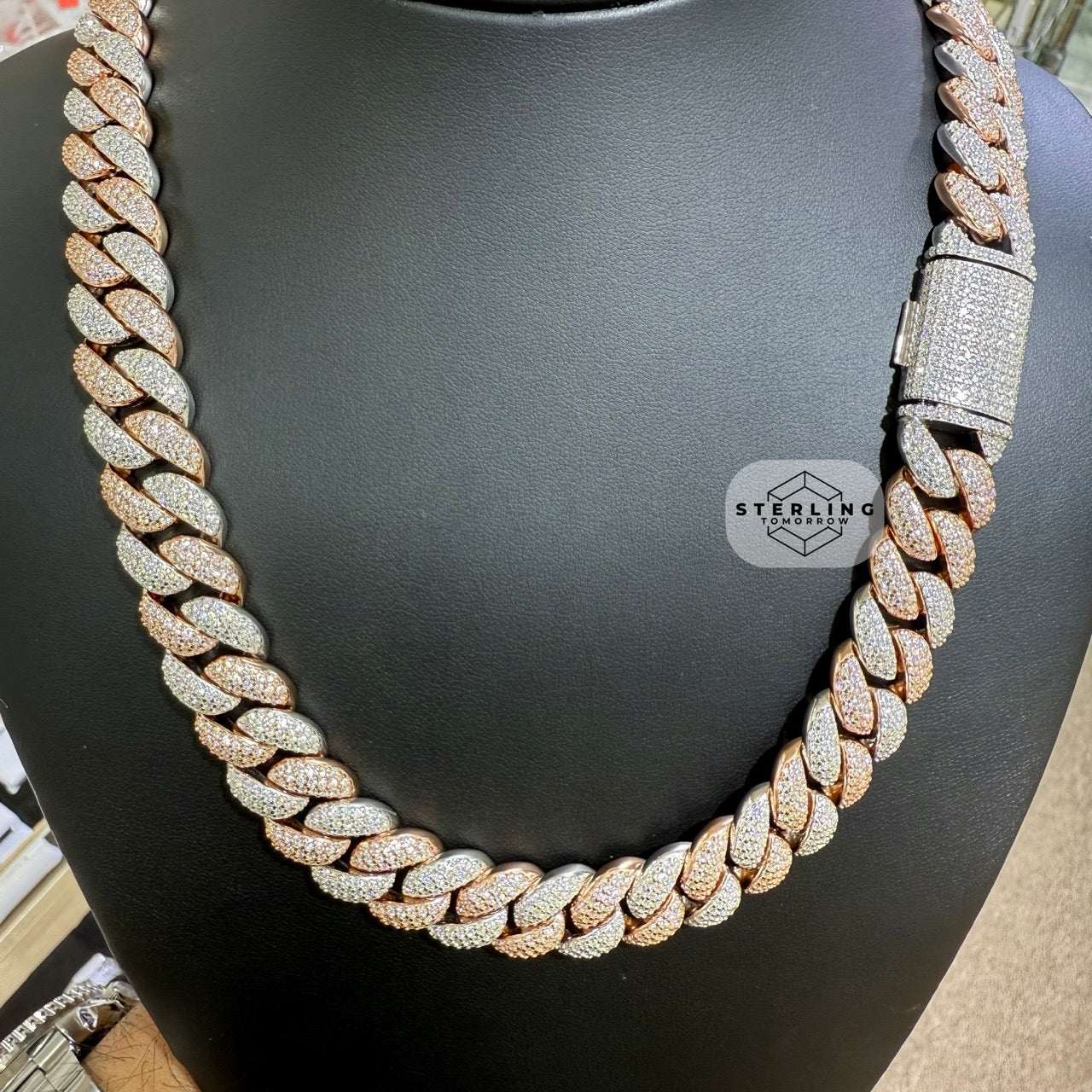 Moissanite Rose Two Tone 15mm Miami Cuban Chain 22"