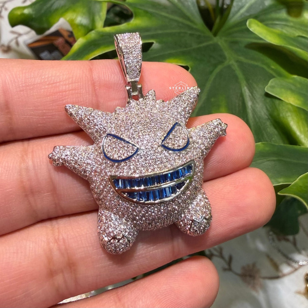 Iced Out Spiky Monster Pendant | 14K White Gold Plated Cartoon Monster Necklace, CZ Hip Hop Pendant with Free Rope Chain