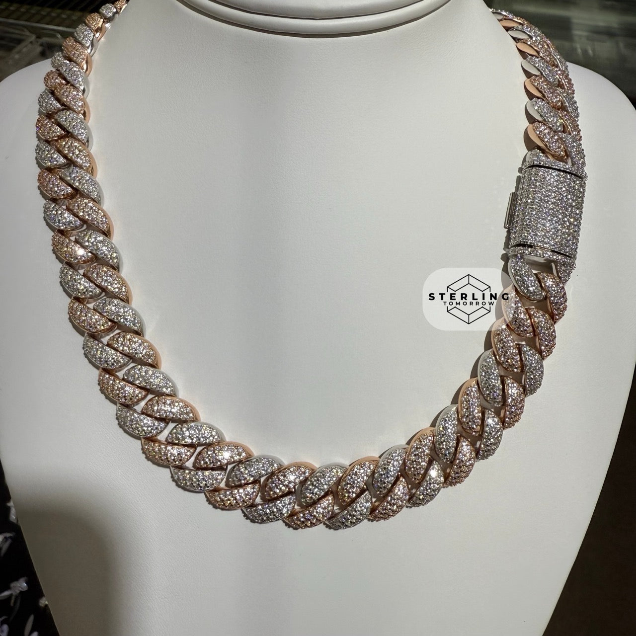 Moissanite Rose Two Tone 15mm Miami Cuban Chain 22"