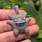 Iced Out Spiky Monster Pendant | 14K White Gold Plated Cartoon Monster Necklace, CZ Hip Hop Pendant with Free Rope Chain