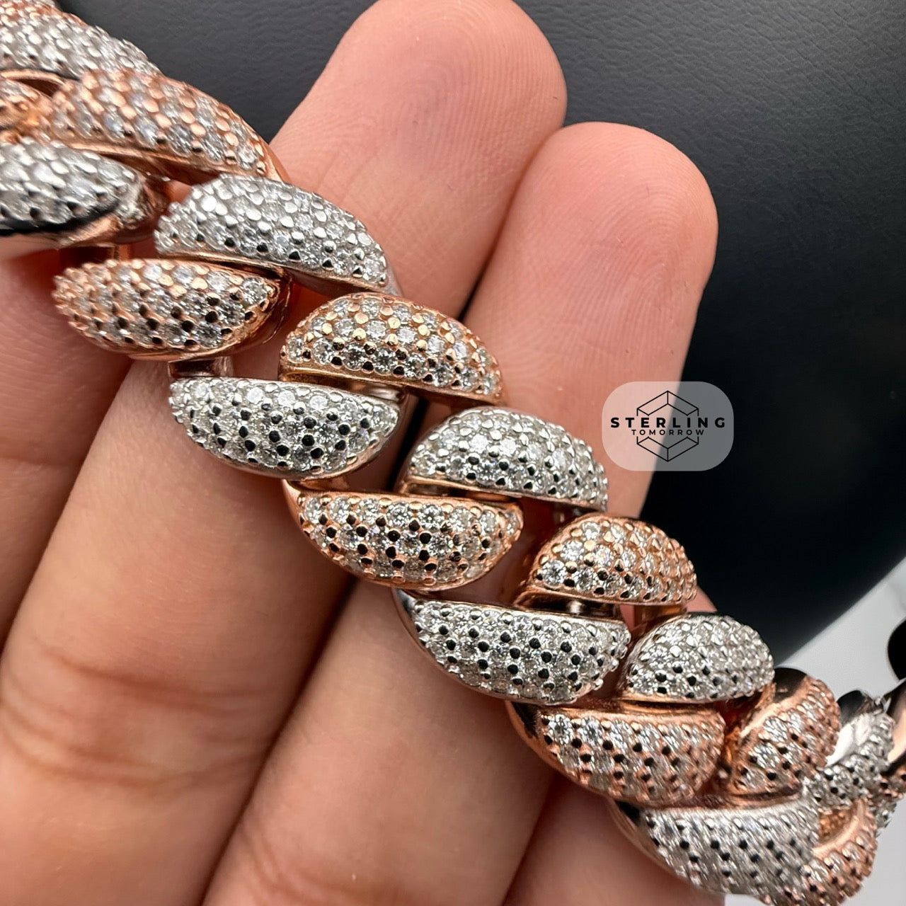 Moissanite Rose Two Tone 15mm Miami Cuban Chain 22"