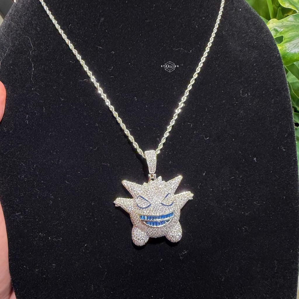 Iced Out Spiky Monster Pendant | 14K White Gold Plated Cartoon Monster Necklace, CZ Hip Hop Pendant with Free Rope Chain