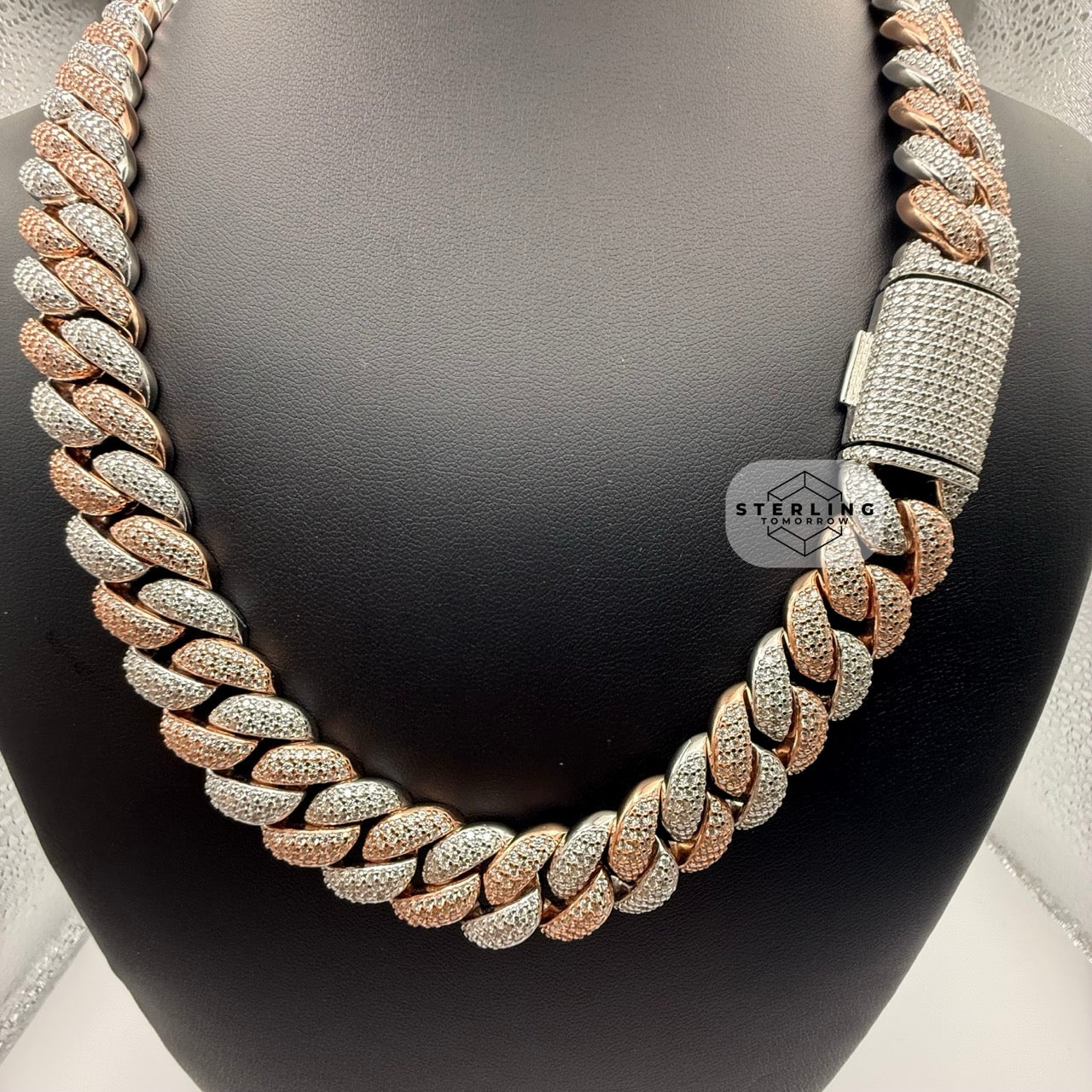Moissanite Rose Two Tone 15mm Miami Cuban Chain 22"