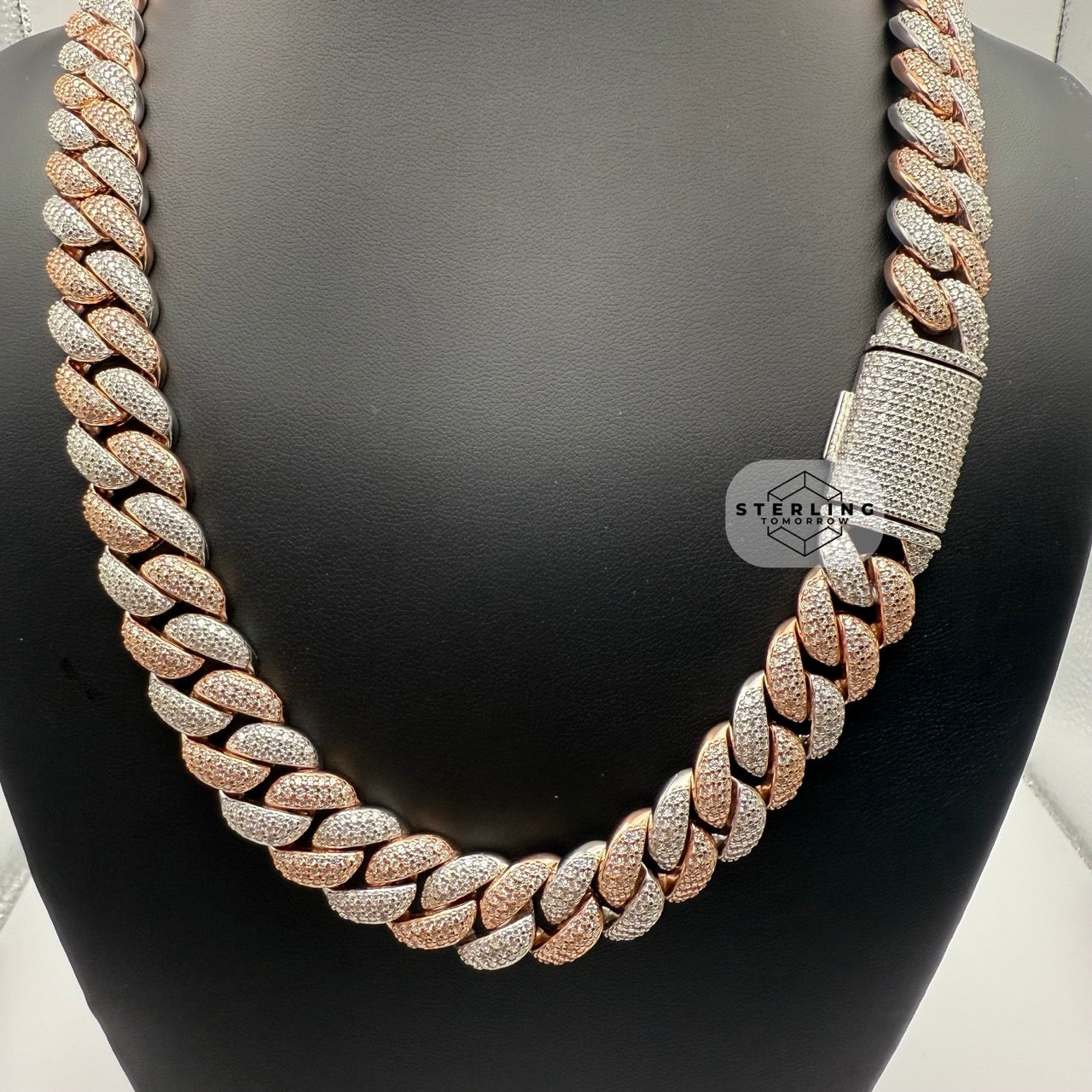 Moissanite Rose Two Tone 15mm Miami Cuban Chain 22"