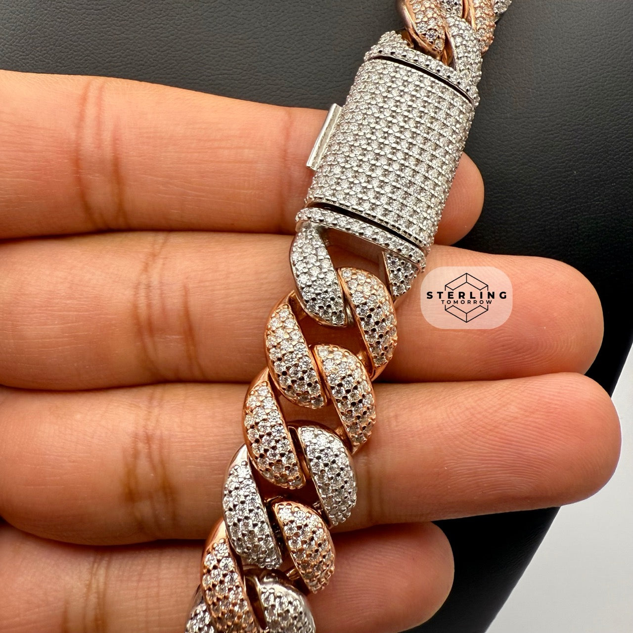 Moissanite Rose Two Tone 15mm Miami Cuban Chain 22"